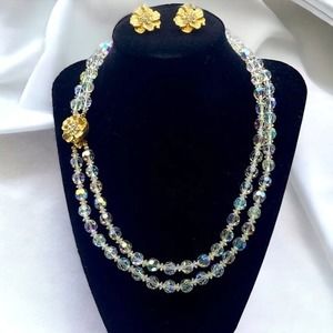 Aurora Borealis Double-Strand Necklace & Clip-on Flower Earrings Set Vintage
